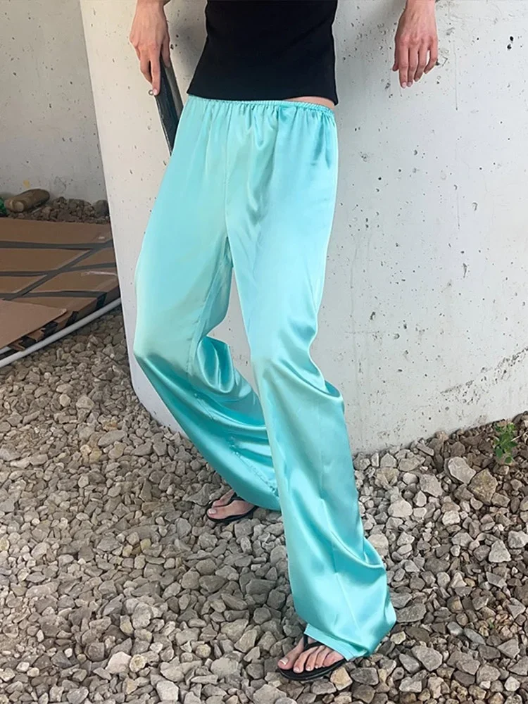 Herbst Damen Mintgrüner Satin 2-Teiliger Anzug Stehkragen Reißverschluss Vorne Lose Langarm-Bluse Weite Hose Urlaubs-Matching-Anzug – Detail 5