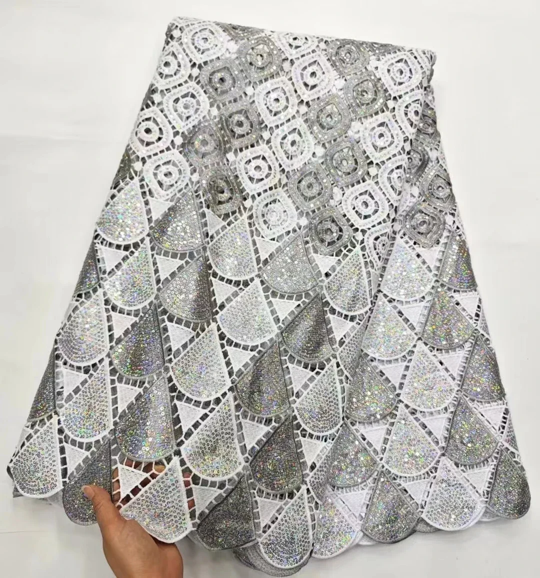 

2024 High Quality African Water Soluble Sequins Lace Fabric Nigerian Guipure Cord Net Lace Fabric For Women Party Dress LHD23209