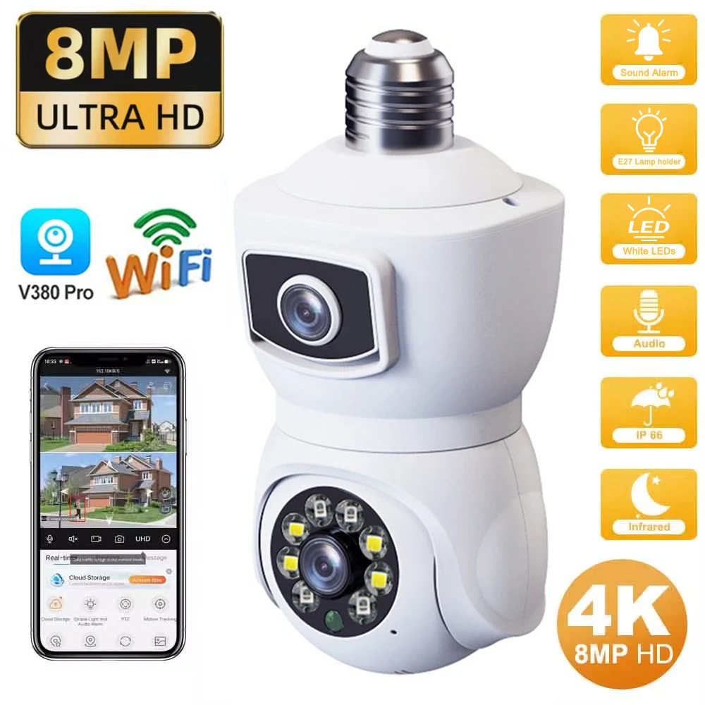 4K 8MP E27 Bulb WiFi Camera Dual Lens Color Night Vision Auto IP Camera Tracking Two Way Audio Indoor Outdoor Security Camcorder