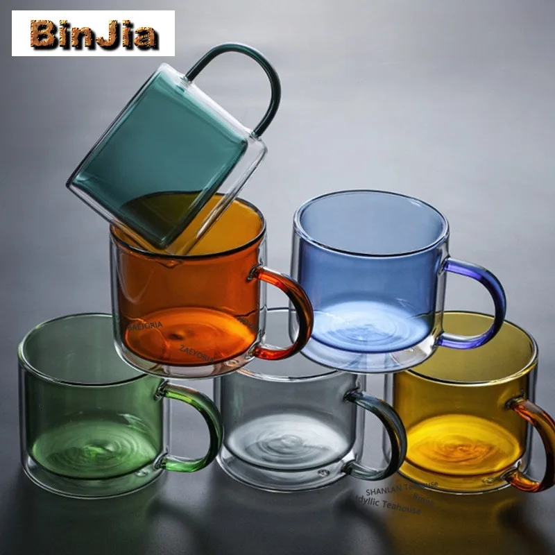 250ml High Borosilicate Colorful Glass Double-layer Coffee Mug Cappuccino Latte Cup Afternoon Tea Mug Office Water Cup Drinkware