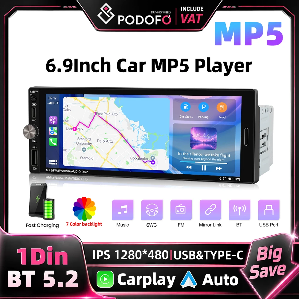 Podofo 6,9 Zoll 1 Din Autoradio MP5-Player Kabelloses Carplay Android Auto Mirror Link HD IPS Touchscreen BT EQ FM/RDS Radio USB Typ-C Autoradio Multimedia-Player Unterstützt Typ-C/USB Rückfahrkamera