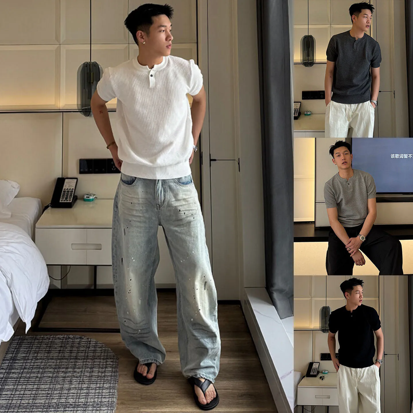 Ice silk summer short-sleeved knitted sweater T-shirt men's three-bar striped slim-fit business