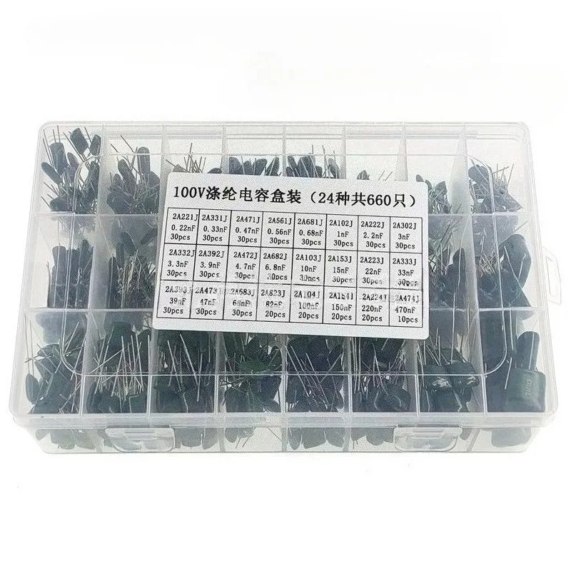 

100V Polyester Film Capacitor 660Pcs 24 Values 0 22nF to 470nF Assortment Kit for Arduino Electronics DIY Project Circuit Repair