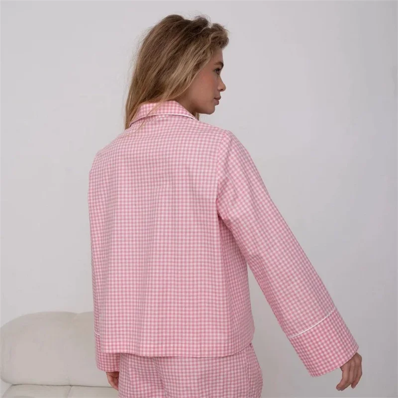 Korean Vintage Plaid Pajamas Sets Women Long Sleeve Shirts Pyjamas Autumn Sweet Pink Gingham Loungewear Sleepwear