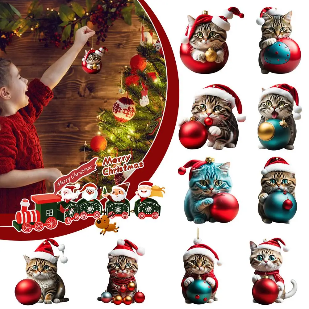 1pcs Christmas Tree Cat Ornament Super Cute 10 Style Holiday Christmas Home Hat Cat Decoration Acrylic Gift Car Ornament N5V3