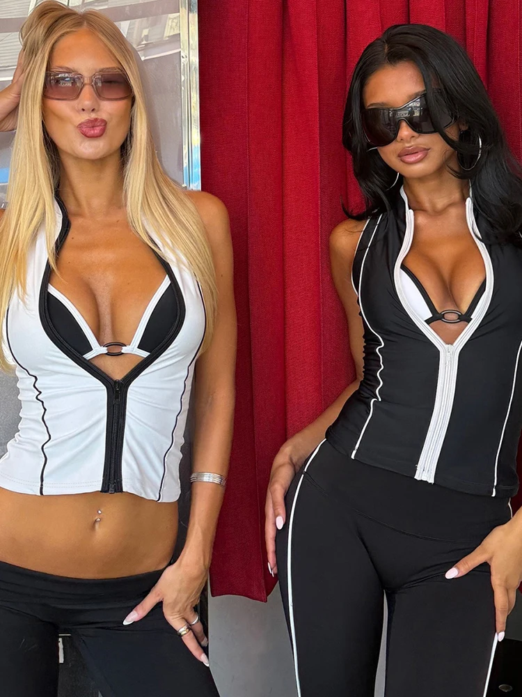 Damski zestaw Nibber Casual 2-częściowy, kontrastowy patchwork, letni trend, kardigan na zamek błyskawiczny, top na ramiączkach + szorty ze sznurkiem, codzienne sportowe komplety. — zdjęcie 7