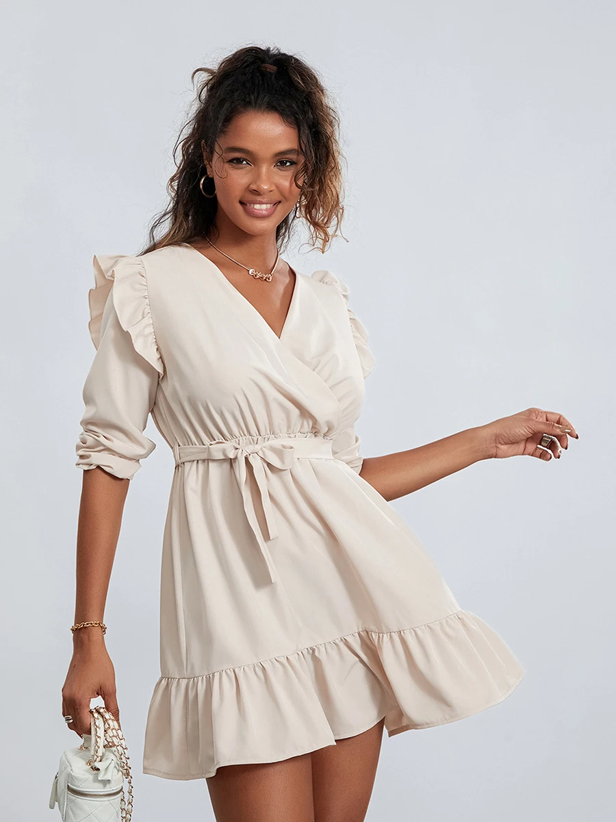 

Women Fall Casual Mini Dress Solid Color V-Neck Long Sleeve Dress Fashion Ruffles Hem A-line Dress with Belt