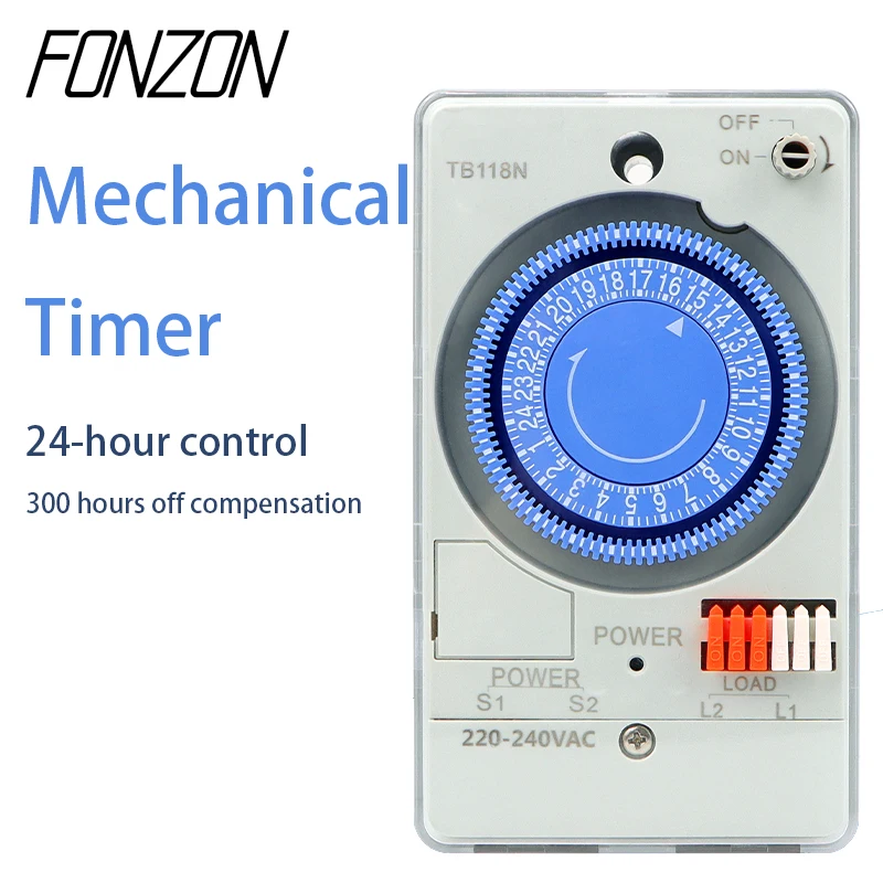 

TB118N mechanical timer switch 100-240VAC 50-60Hz Din Rail Waterproof transparent plastic protective cover battery