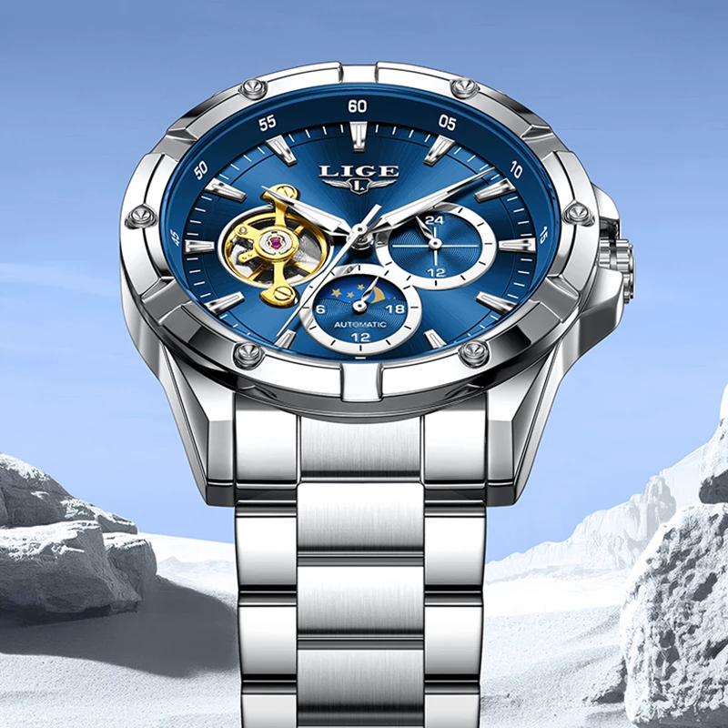 

LIGE New Men Watch Fashion Automatic Mechanical Wrist Watches For Men Military Sports Luminous Waterproof Watch Men Montre Homme