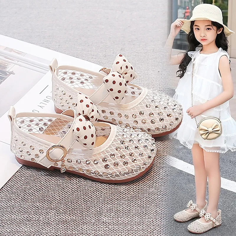 Kids Flat Shoes Mesh Breathable Girls Princess Shoes Sweet Polka Bows 2026 Summer New Children Dance Shoes Non-slip Soft Sole