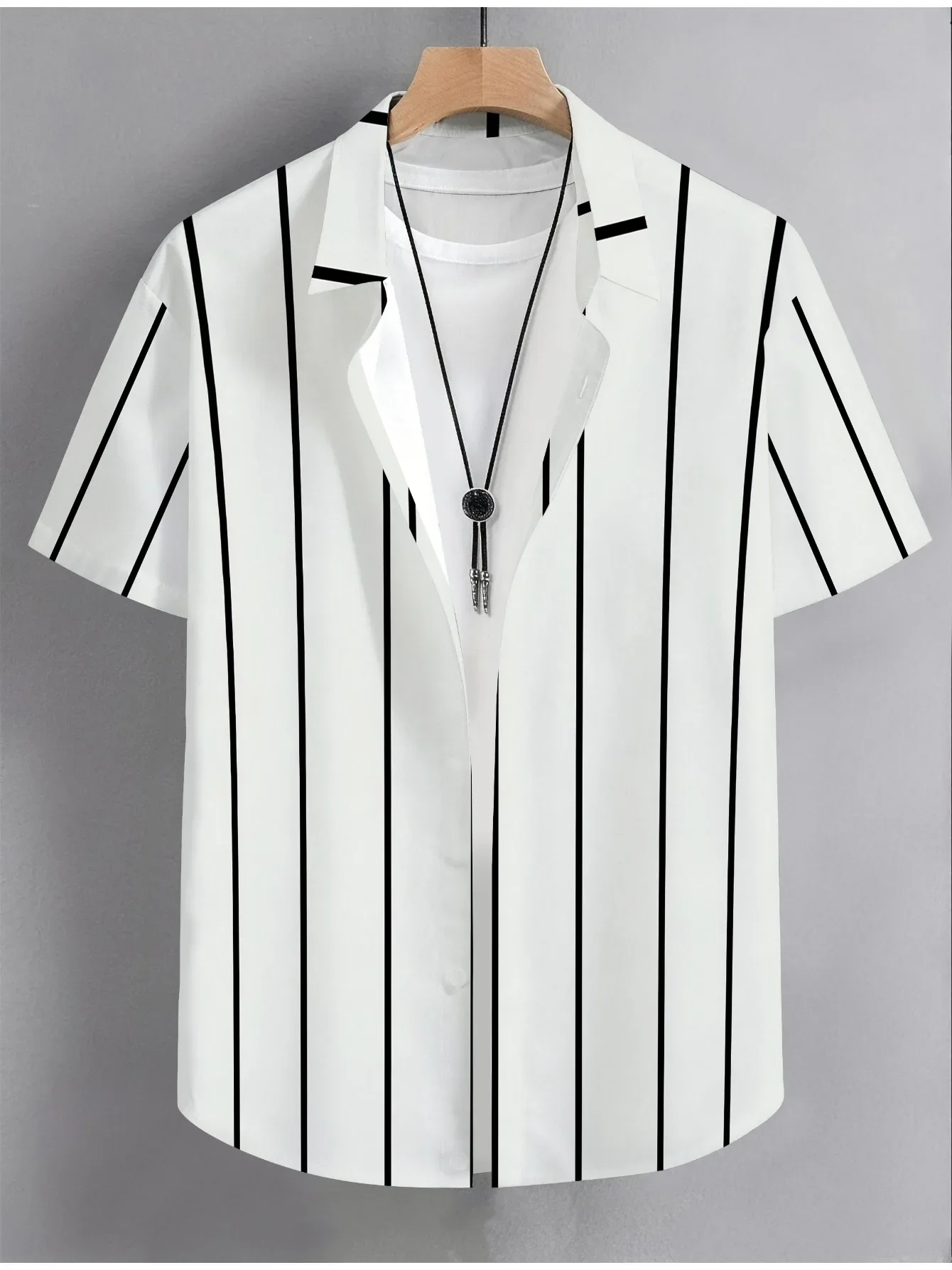 Light Wrinkle Resistant Hawaii Shirt Men Simple Vertical Striped Print Loose Summer Travel Casual Blouse