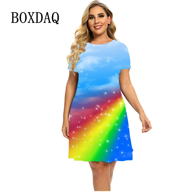 

2023 Summer Fashion Pattern Rainbow Dresses Women Short Sleeve Round Neck Pullovers Loose Clothing Plus Size Casual Mini Dress