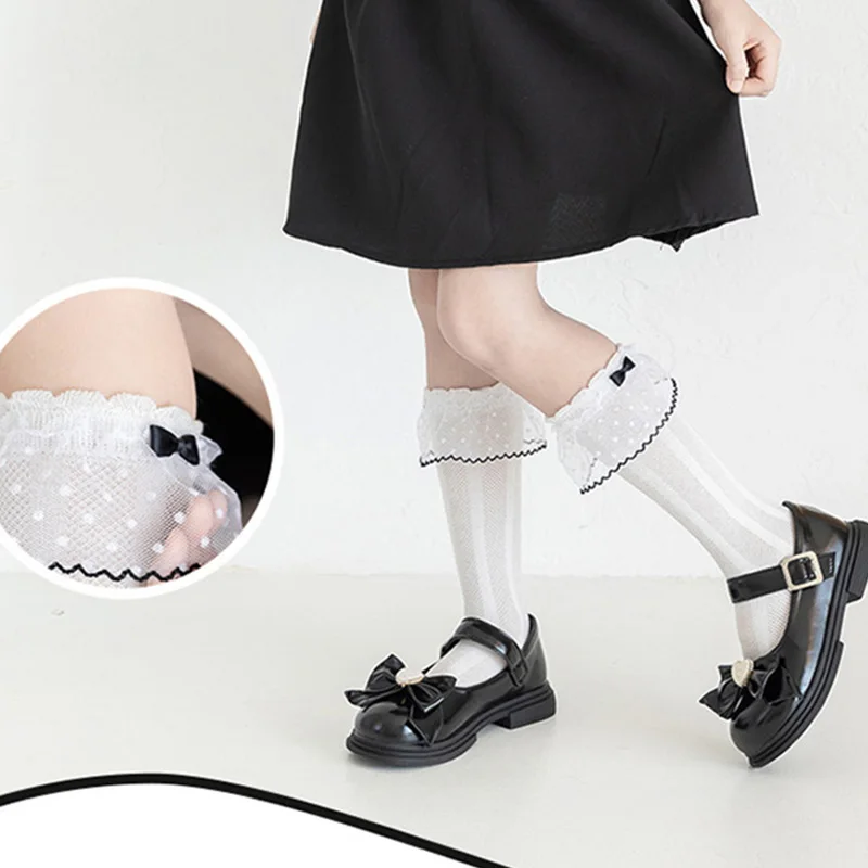 Children Sweet Princess Socks Kids White Mesh Bowknot Breathable School Uniform Stockings Fashion Knee High Long Socks