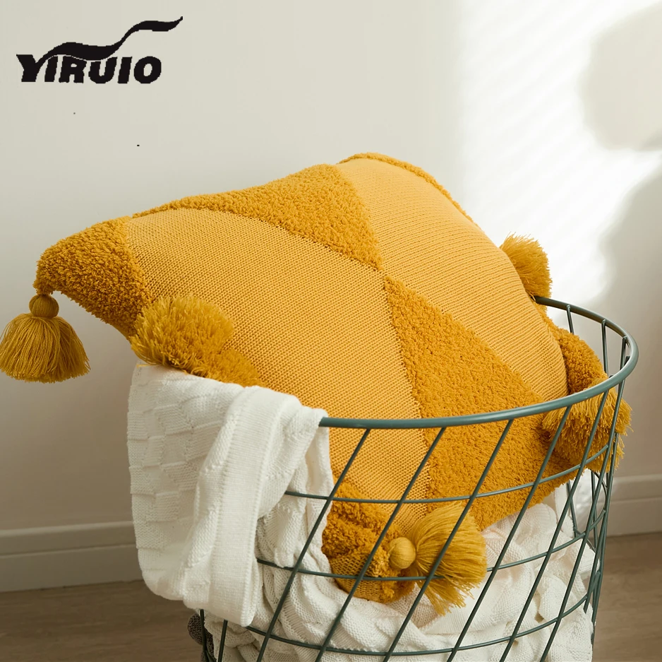 YIRUIO Cute Tufted Tassel Decor Cushion Cover Nordic Room Decorative Sofa Bed Chair Knitted Pillow Case Soft Kawaii Pillow Cover