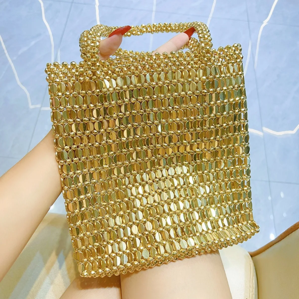 

Shiny Metal Beaded Shopping Bag Single Shoulder Handbag Bright Sequins Underarm Bag for Women Trendy Lady Clutch Purse