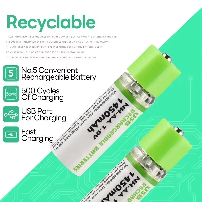 Batteries rechargeables avec carte colorée, 2 piles AA, Nimh, 2024 V, 1.2 mAh, Eddie ion, USB AA 1450, nouveau, meilleur prix, 1-10 pièces, 1450