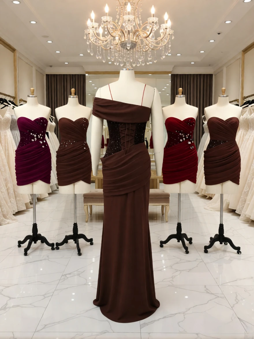 올리게이 여성용 이브닝 드레스 럭셔리 2025 맥시 빈티지 원숄더 벨벳 드레스 신상 브라운 드레이프드 세레모니 파티 드레스