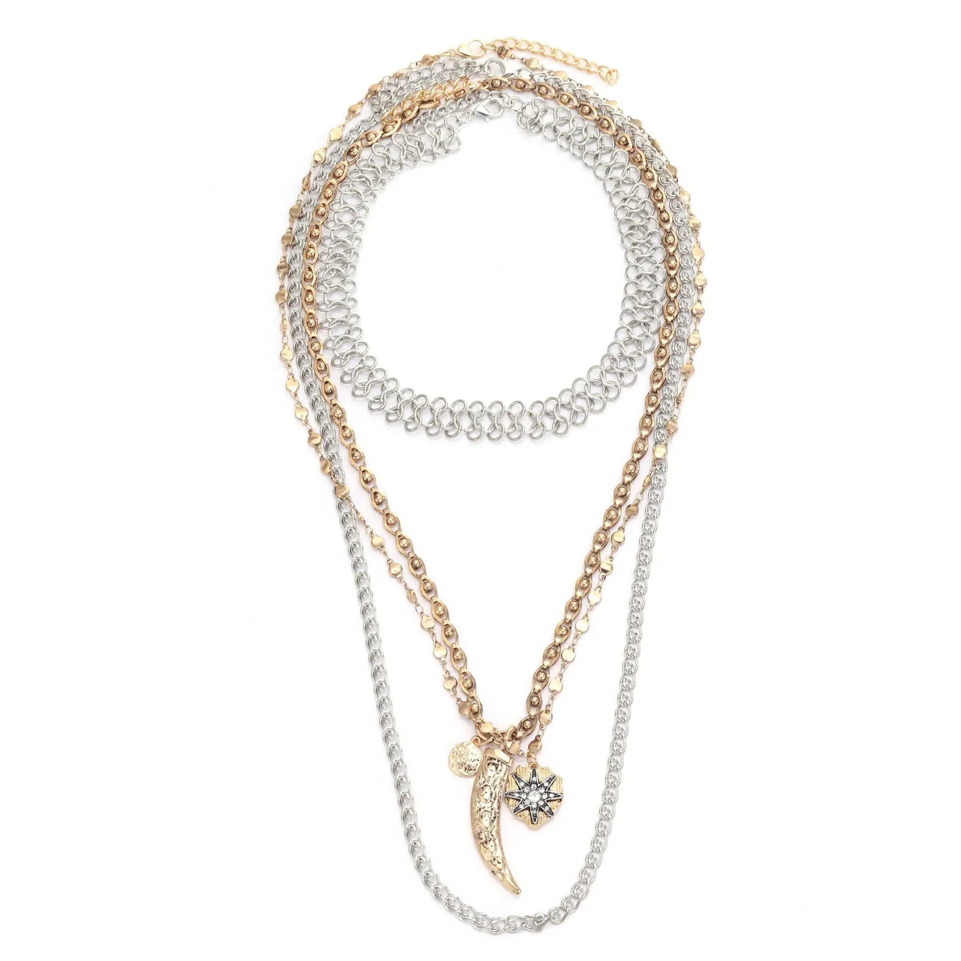 Boho Mehrschichtige Halskette mit Tierzahn- und Sternmünzanhänger für Damen, Vintage Metallkette, Choker, Statement-Schmuckaccessoires – Detail 3