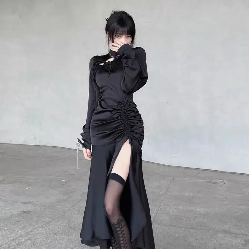 Gothic Style Black Bandage Long Sleeve Cheongsam Dress Y2K Autumn Sexy Streetwear Fashion Club Party Tight Slit Mermaid Dresses