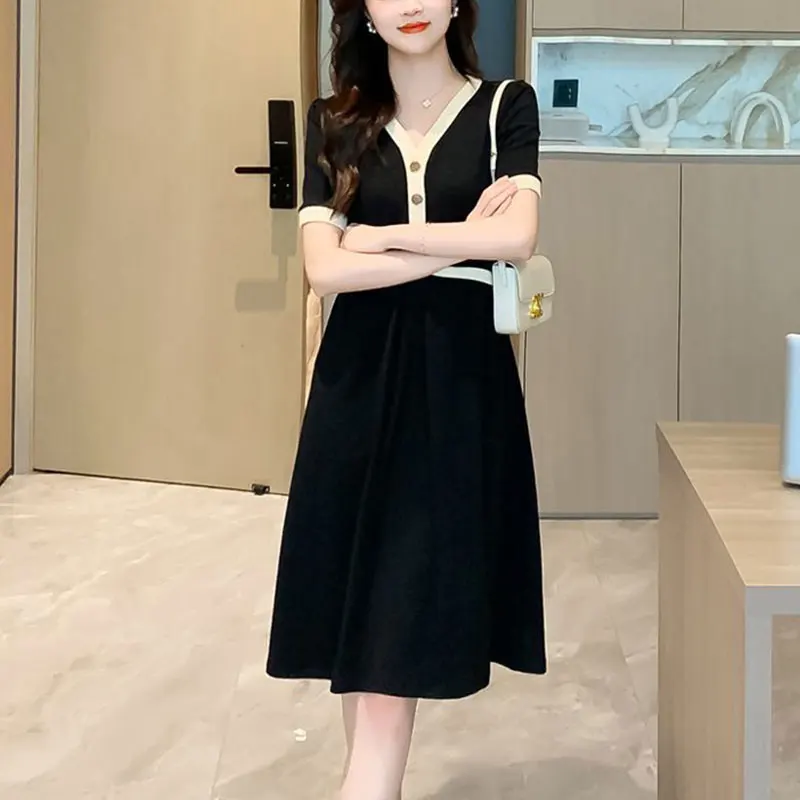 Women's Summer New Style Fashion Simplicity Patchwork V-neck Short Sleeve Dress Women Clothes Temperament Corset A-line Skirt