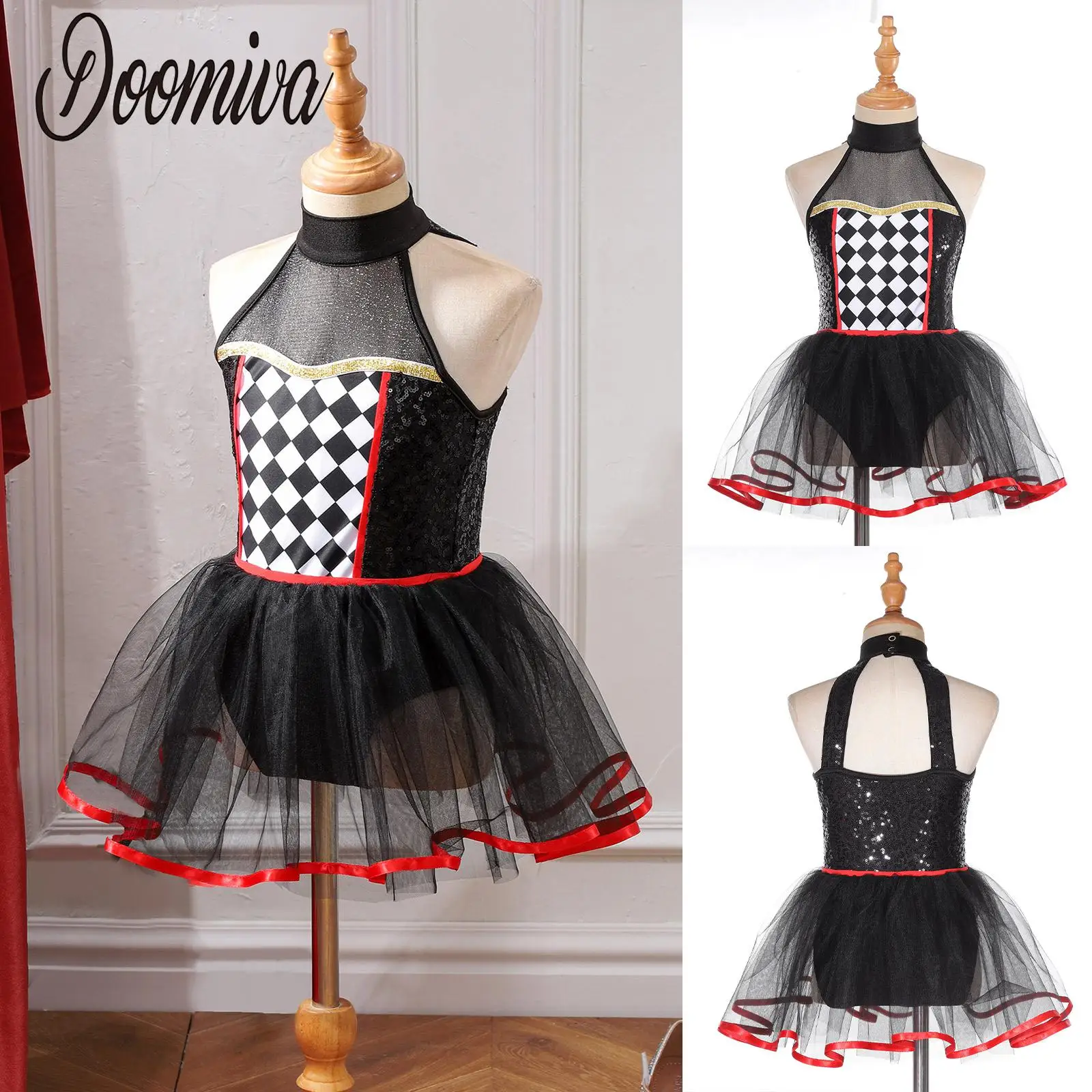 

Girls Clown Costume Halloween Evil Jester Twisted Circus Leotard Tutu Dress Carnival Party Dance Stage Performance Costume