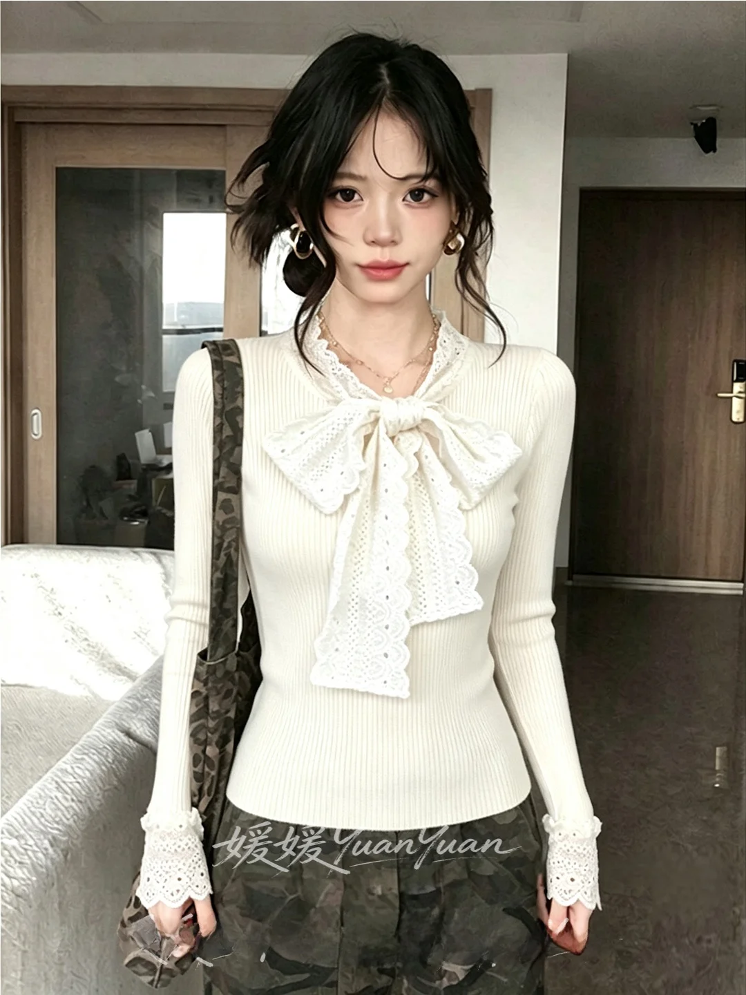 Casual Style White Knitted Sweater Women's Slim Fit Base Shirt  Knot Design Long Sleeve Soft Polyester Fiber