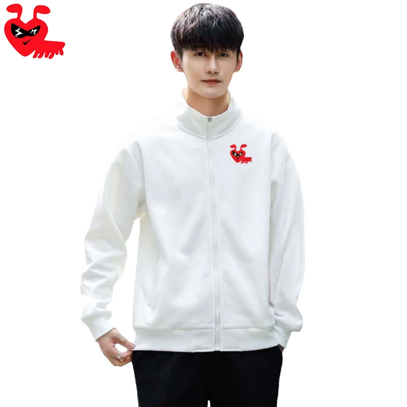 

Break Egg Men Jacket Cartoon Cute Glasses Ant Embroidery Cotton Lapel Zipper Pocket Fleece Fit Casual Autumn Hoodie