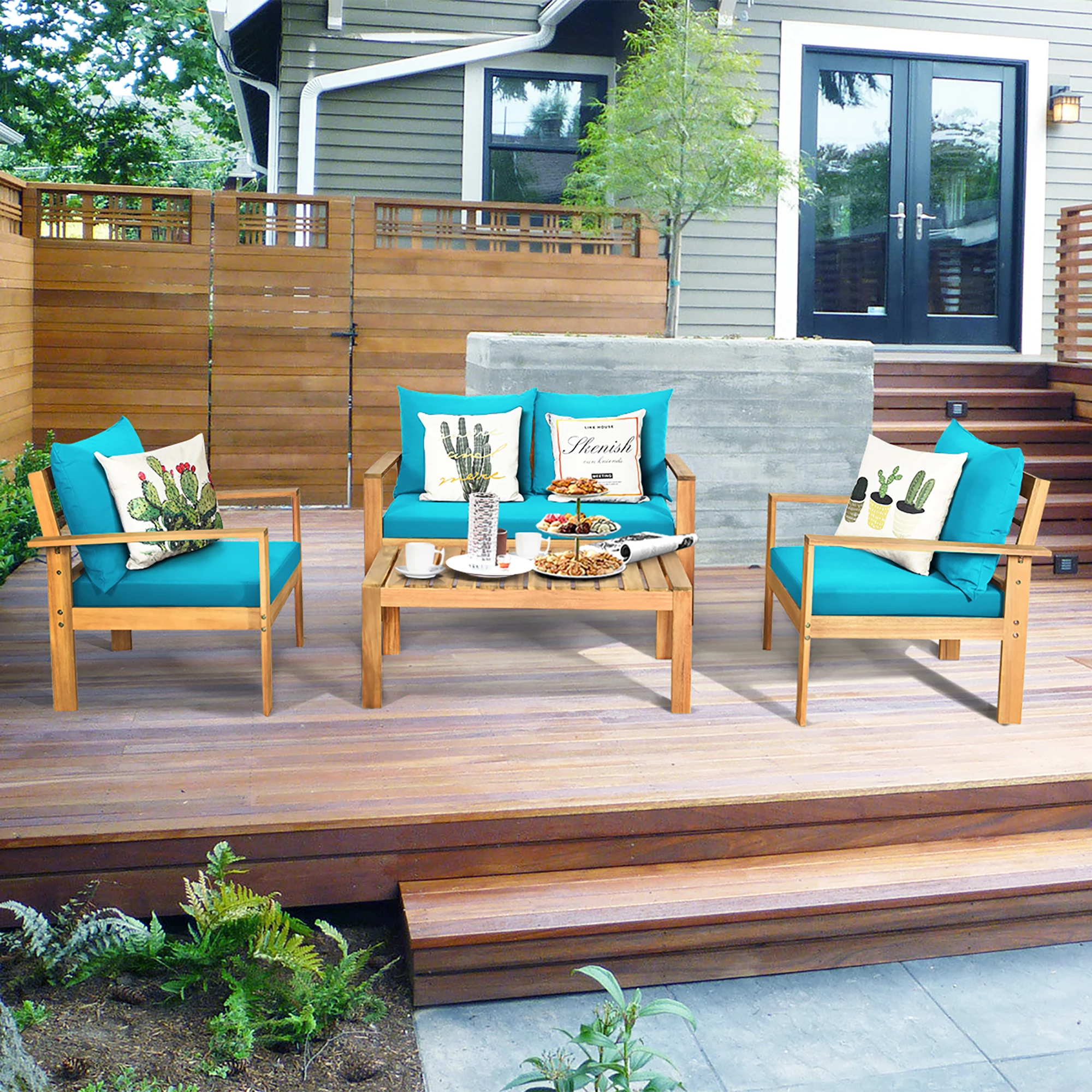 4PCS Patio Furniture Set Acacia Wood Thick Cushion Loveseat Sofa Turquoise