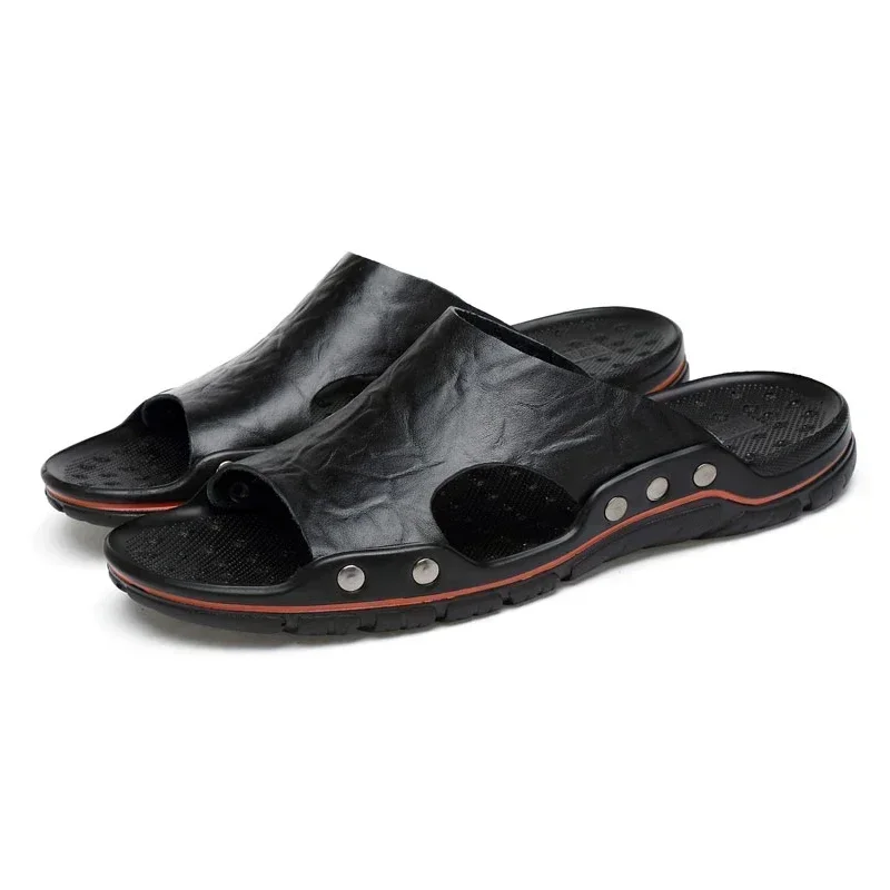 YRZL Herren-Sandalen, PU-Leder, klassische Sommer-Herren-Hausschuhe, weiche schwarze Hausschuhe, große Hausschuhe, leichte EVA-Slides für Herren – Detail 4