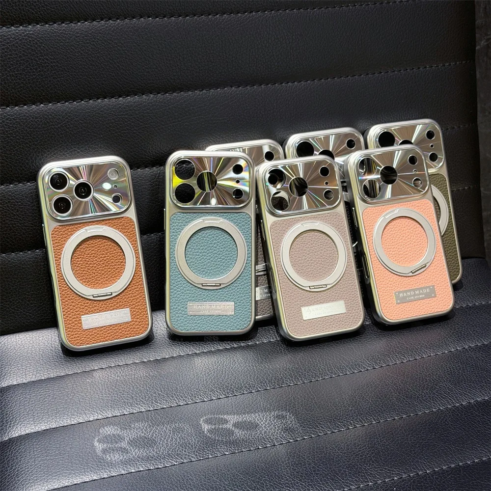 

Fashion Solid Color Leather Simple Phone Case for iPhone 13 14 15 16 17 Pro Max with Rotating Bracket