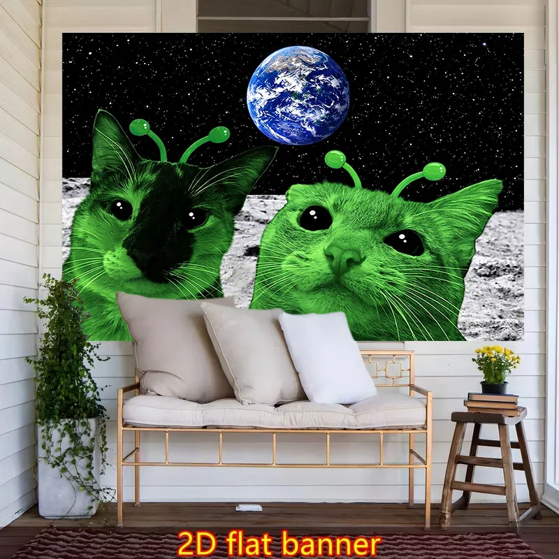 1pc Alien Green Cat Space Moon Tapestry Funny Meme Wall Hanging Outer Space Earth Starry Sky Wall Tapestry For Bedroom Dorm