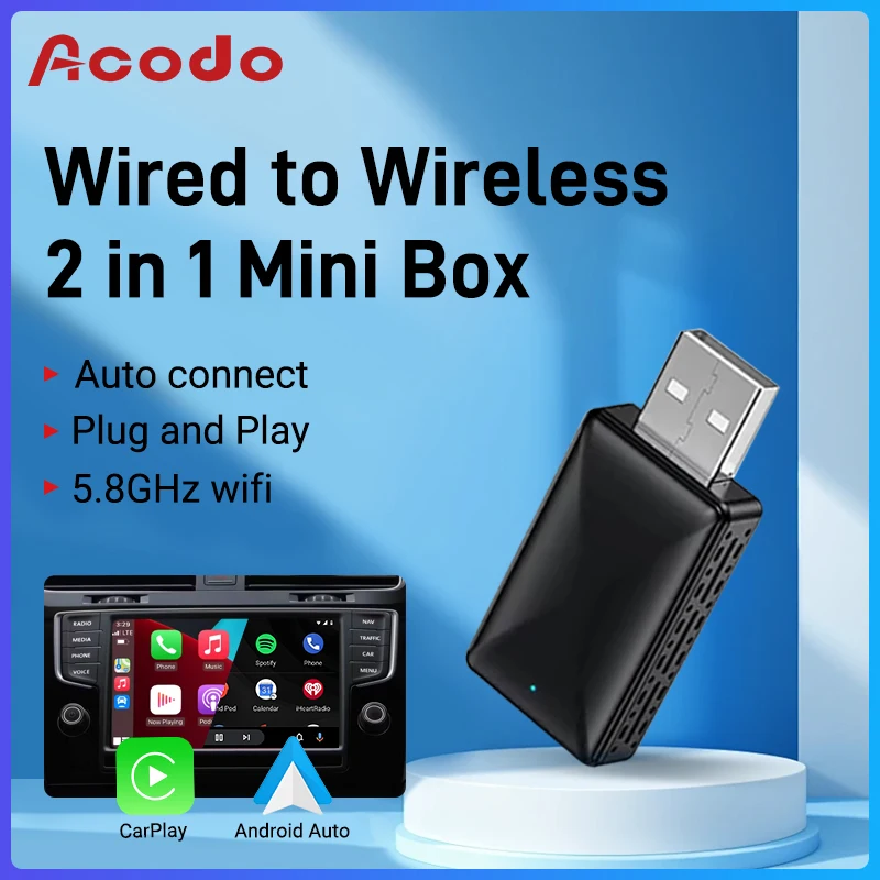 Acodo Smallest Box 2in1 CarPlay and Android Auto Wired to Wireless Adapter Bluetooth Auto Connect Plug and Play Smart Dongle