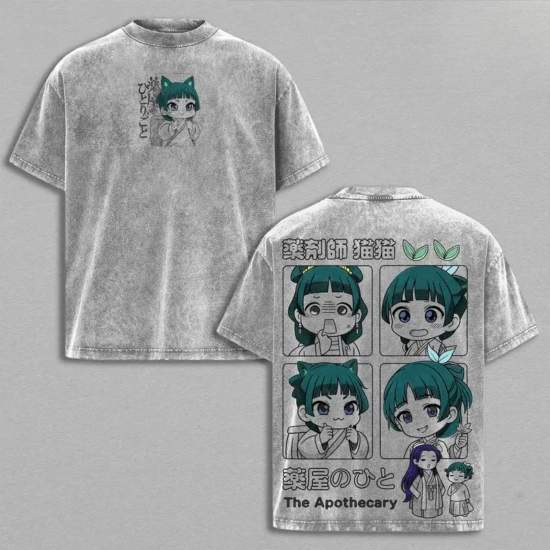 Cartoon Maomao Printed Retro T Shirt Men Clothing The Apothecary Diaries Vintage Washed T-shirt Oversized Cotton Tees Clothes