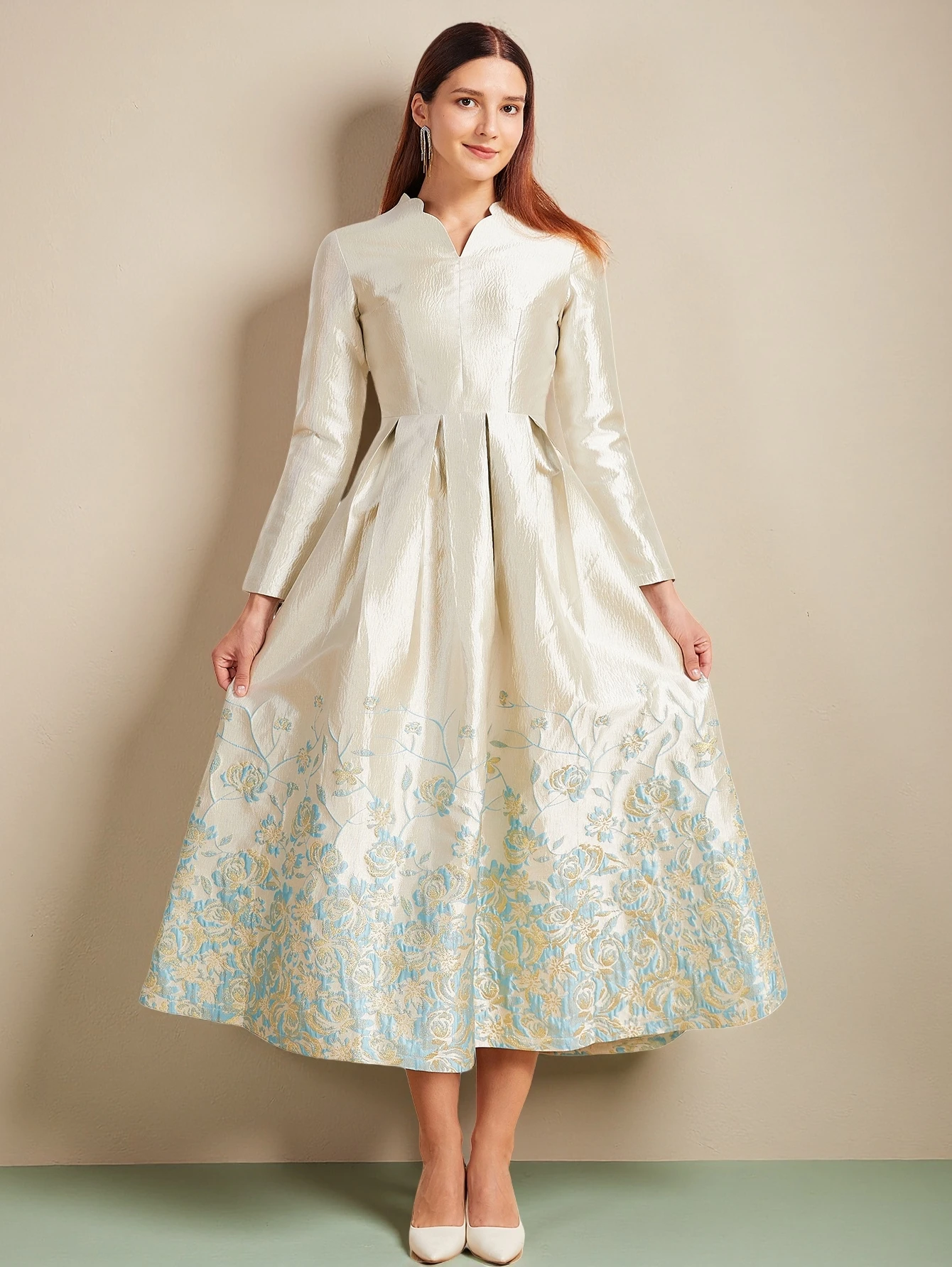 

DEVCHATA Elegant Women Luxury Jacquard Long Maxi Dress Female Fashion New Arrival Floral Embroidery Evening Party Robe