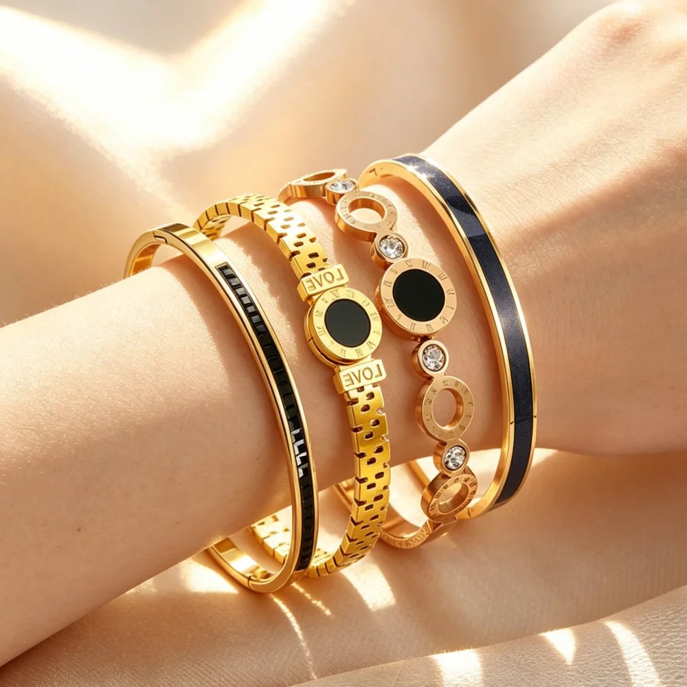 Roman Numeral Hollow Circle Cubic Zirconia Hinged Cuff Bangle LOVE Engraved Stackable Women Daily Bracelet