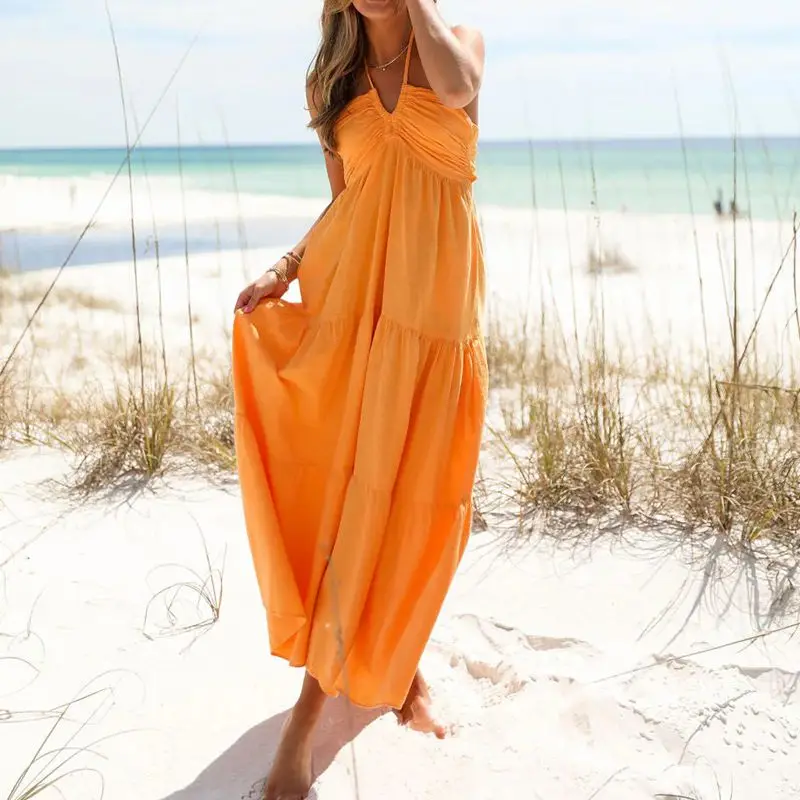 Combhasaki feminino verão rendas halter pescoço casual plissado hem cor sólida arco amarrado recorte sem costas solto flowy a linha vestido longo