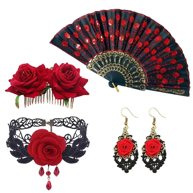 Spanisches Flamenco-Tanzkostüm für Kinder, rotes und schwarzes langes Kleid, Mädchen-Karnevals-Bühnenoutfit für Festival-Cosplay-Party – Detail 8