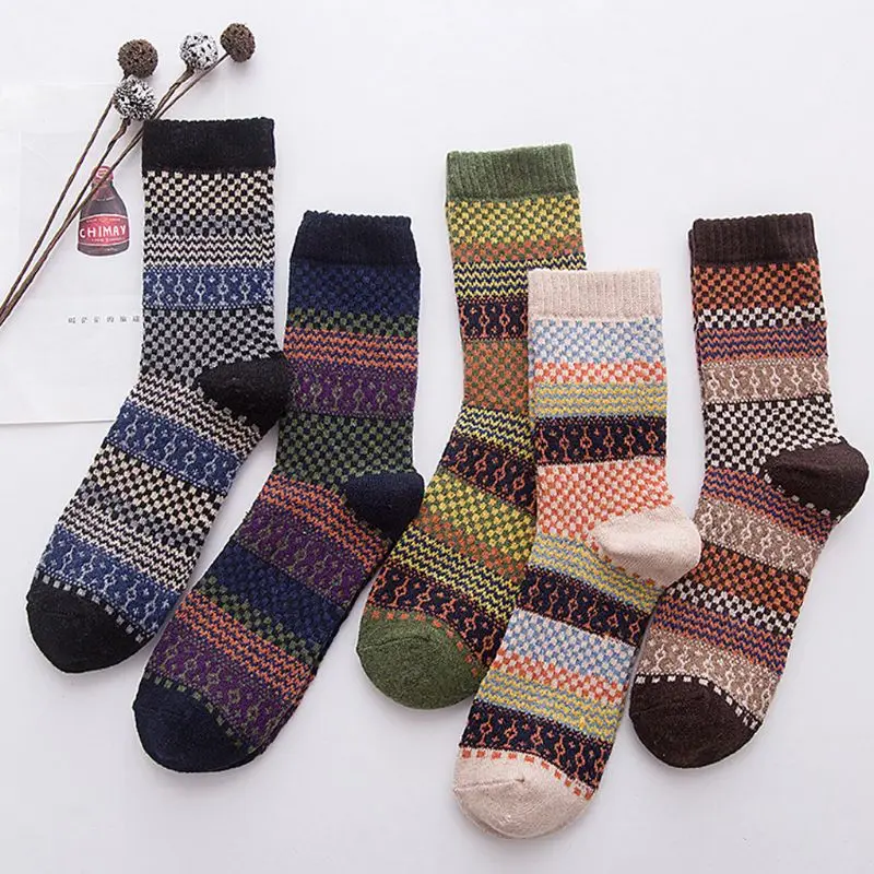 Mens Vintage Ethnic Woolen Warm Long Socks Checked Striped Geometric Ribbed Knit