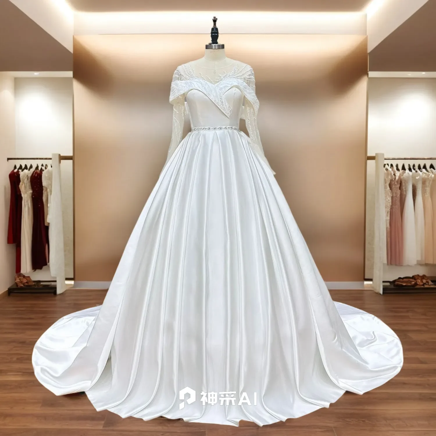 

Hire Lnyer O-Neck Buttons Up Back Long Sleeve Crystal Waist Beads Sequins Satin A-Line Wedding Dresses Real Office Photos