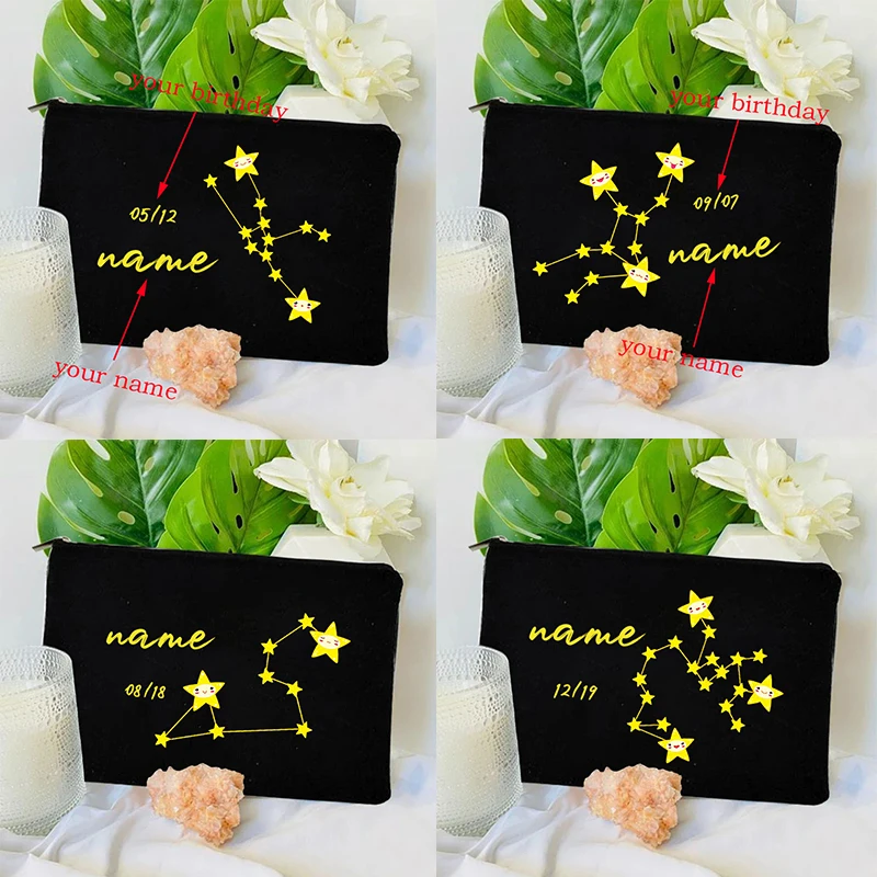 Twelve Constellation Customized Name Birthday Cosmetic Bag Canvas Storage Pouch Black Zipper Pen Case Personalized Birthday Gift