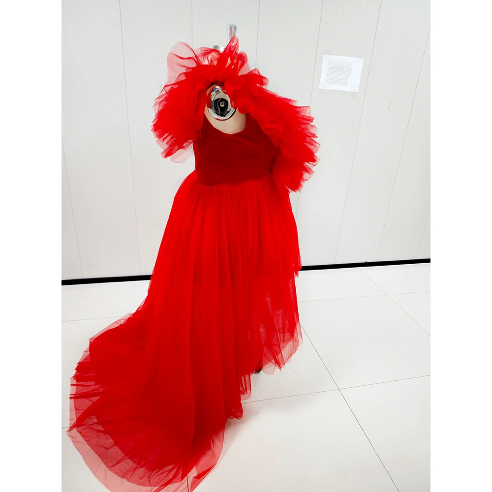 Gaun Prom acara Formal tanpa lengan merah panas High Low Tulle Deep V-neck gaun malam Tutu panjang ruffle pesta Formal 2023