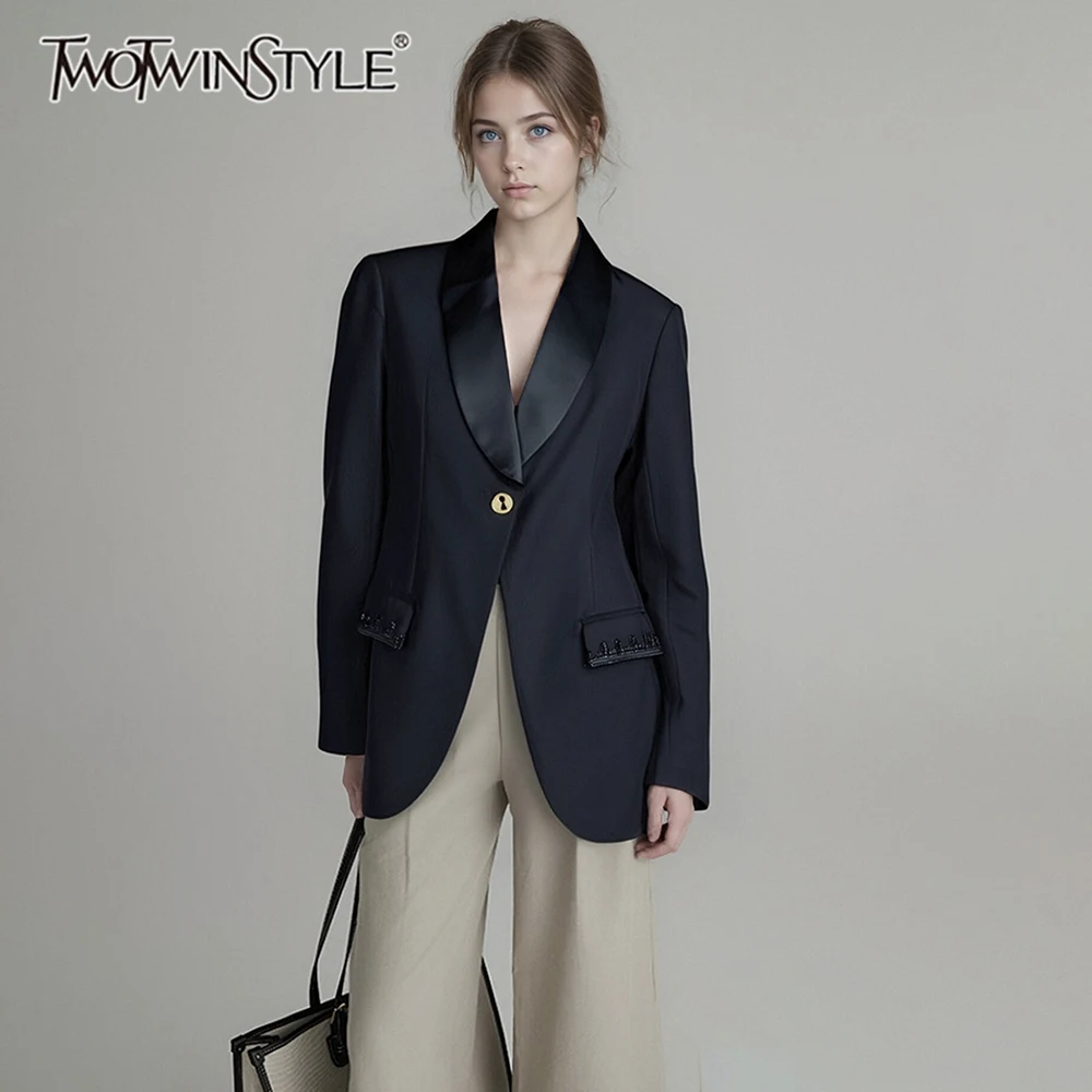 

TWOTWINSTYLE Solid Spliced Embroidery Casual Blazers for Women Lapel Long Sleeves Patchwork Button Basics Blazer Female Clothing