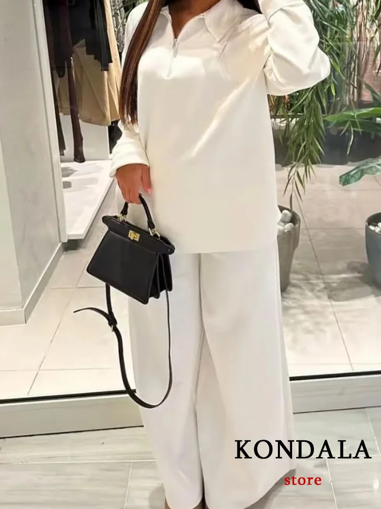 KONDALA Vintage Casual White Women Suit Hooded Loose Jackets+Wide Leg Long Pants New Fashion 2023 Autumn Winter Sports Suit