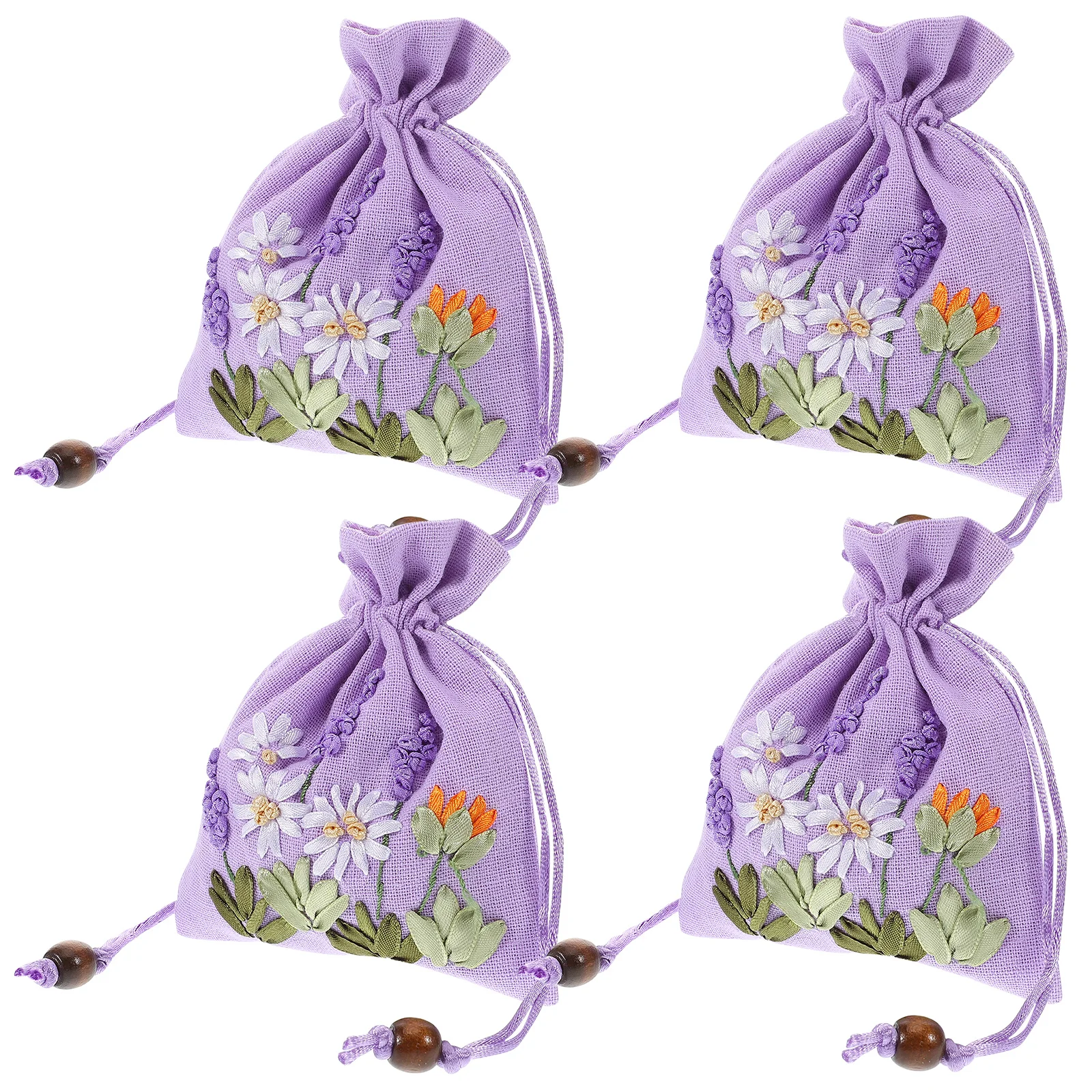

4pcs Lavender Packaging Bag Double Layer Linen Brocade Storage Silk Embroidered Small Bag Elegant Jewelry Pouch Present Pouch