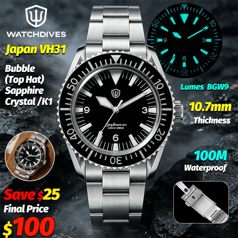 Watchdives WD1967Q montre à Quartz Vh31 Sweep Second Bubble Sapphire lumineuse 10 bars étanche en acier inoxydable 316L montre-bracelet pour hommes