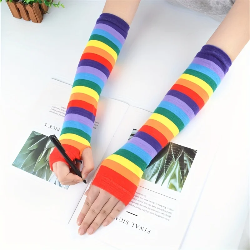 New Fashion Long Glove Arm Cover Classic Rainbow color Striped Fingerless Elbow Gloves Warmer Knitted Long Wristband