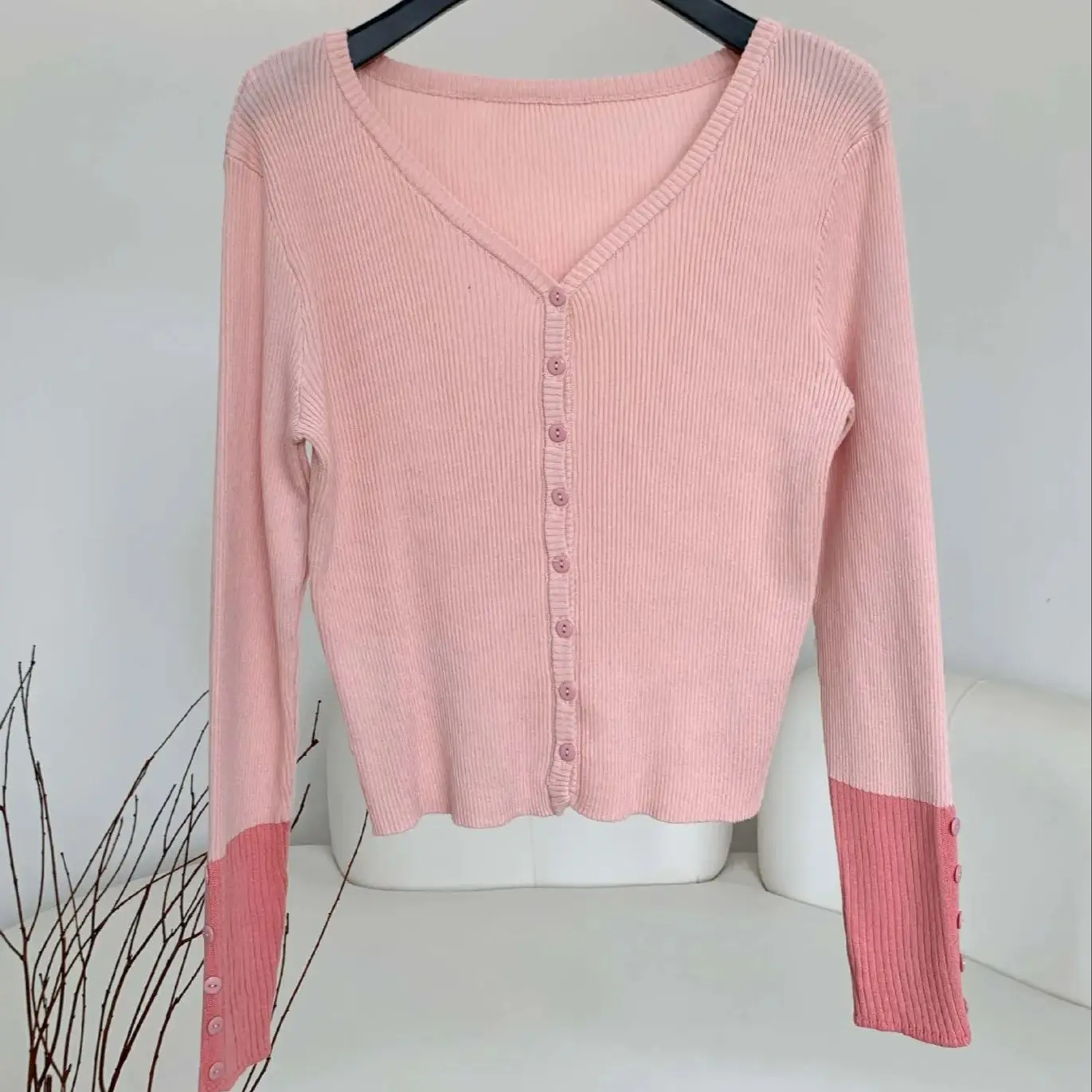 Contrast color v neck fall clothes loose slim fit long sleeve V neck knitted sweater for women spring