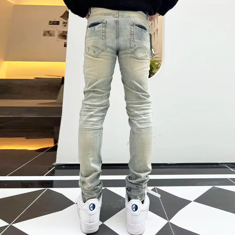 Street Designer Fashion NewY2K Jeans Patch bianca lavata Nostalgica Stretch Slim Fit Retro Jeans azzurri High Street Hip Hop