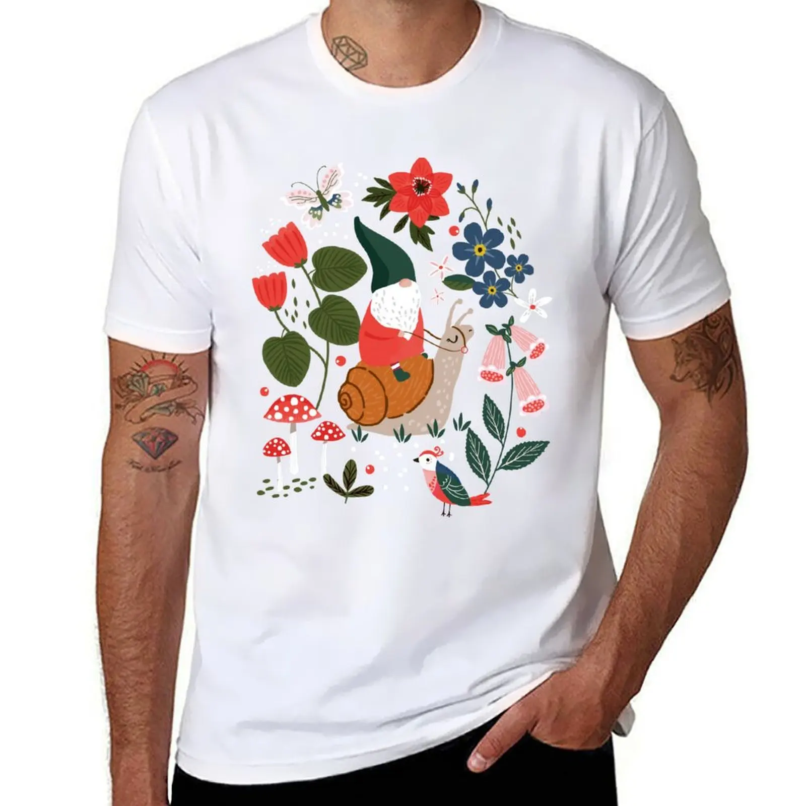 

Whimsical garden gnome riding snail T-Shirt anime t shirts oversize t shirt men 100% cotton luxury brand T-Shirt