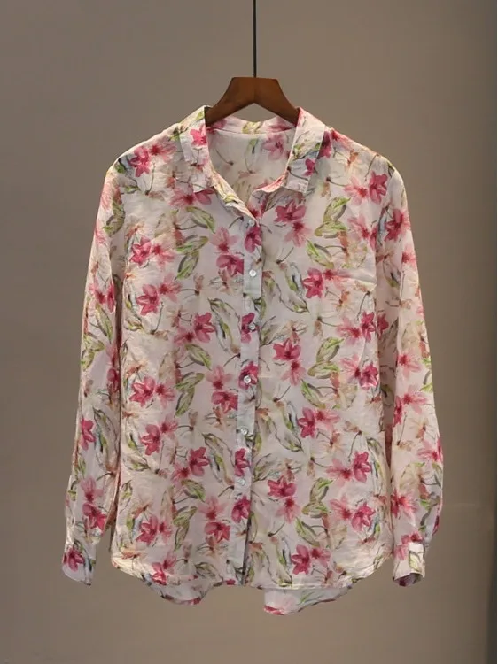 

Весна 2026: Повседневная комфортная женская блузка большого размера с длинным рукавом, принтом, льняным воротником, свободного кроя, из смесового хлопка и полиэстера